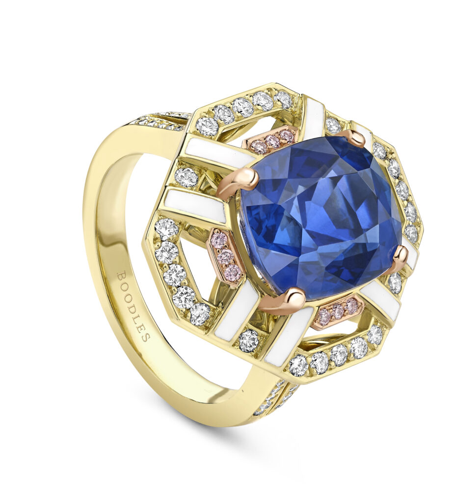Boodles ‘Fifth Avenue’ design ring featuring sapphire and diamonds set in white enamel and 18 carat Single Mine Origin yellow gold, POA